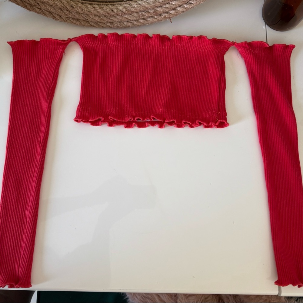 Vibrant Red Off-Shoulder Ribbed Top with Sleeves